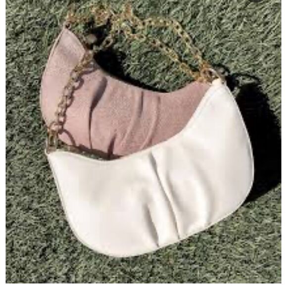 Faux Leather Halfmoon Baguette Bag with Chunky Chain Strap - Picture 1 of 13